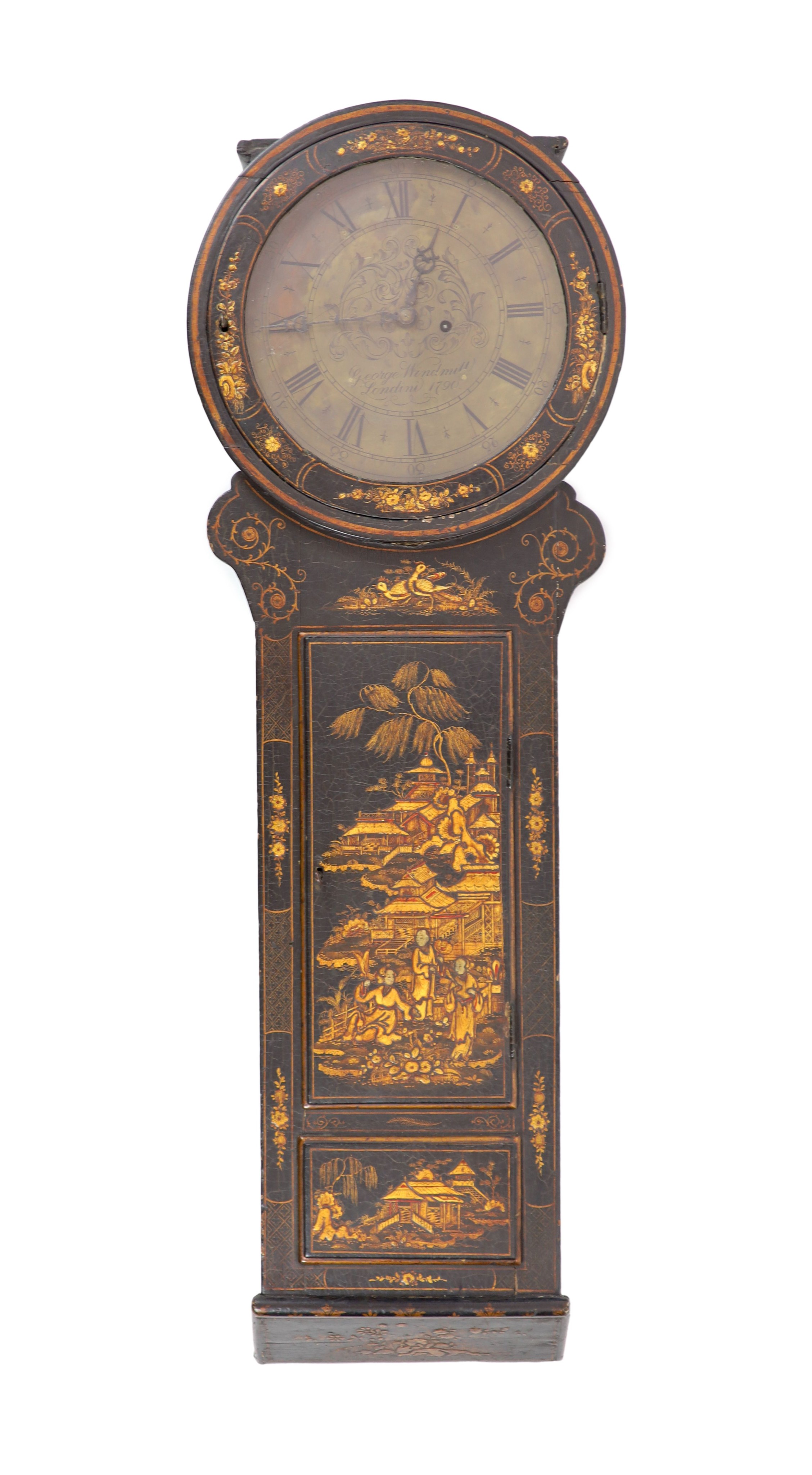 George Windmill of London, 1790. A George III japanned dropdial wall clock, diameter 46cm height 136cm